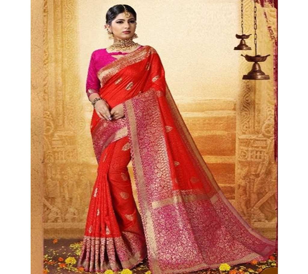 Red,Pink and Golden Embroidery Work Katan Saree For Women