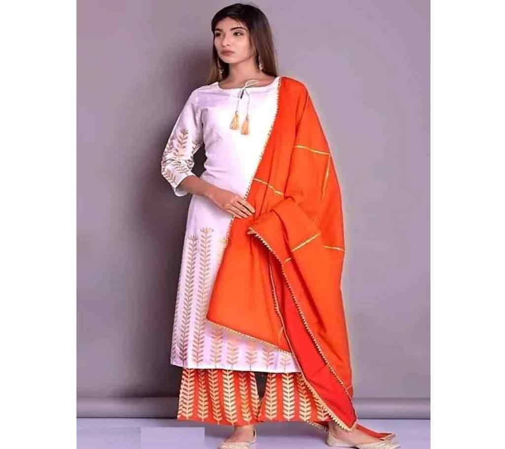 Block Printed 3 pieces Salwar Kameez for Women White and Orange