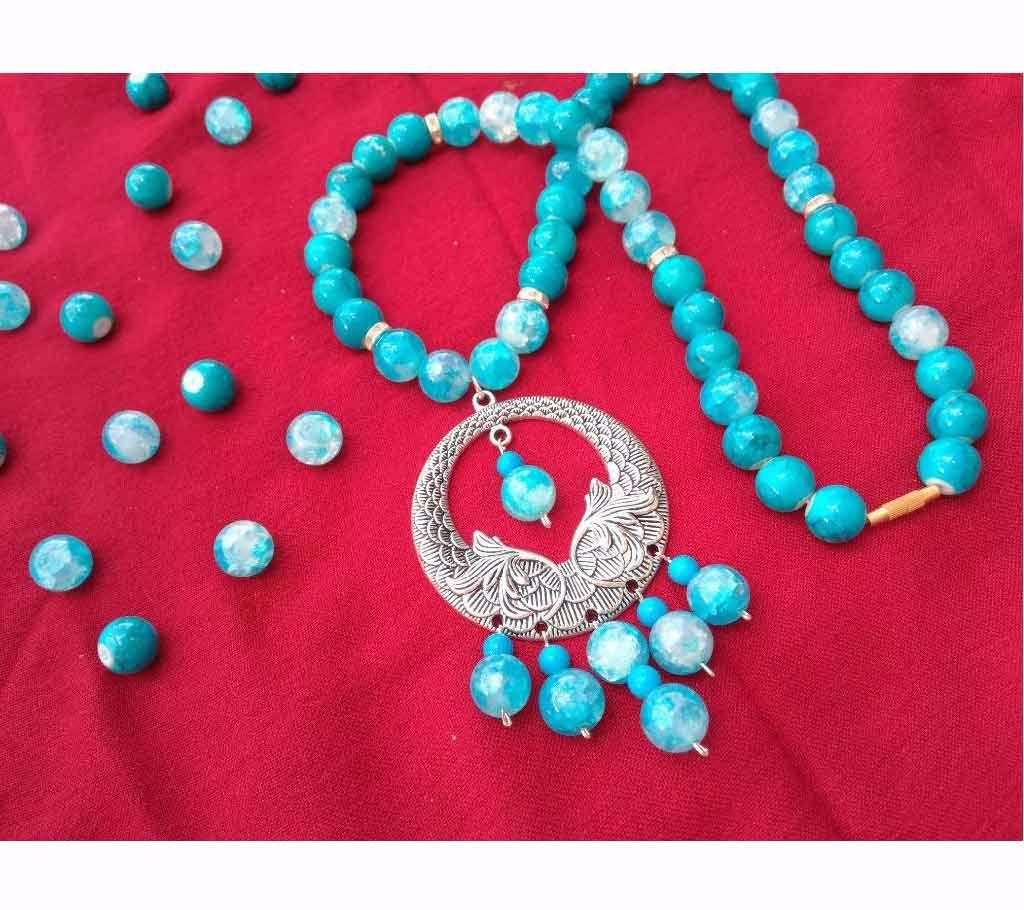 Aqua Blue Marble Stone Settings Necklace