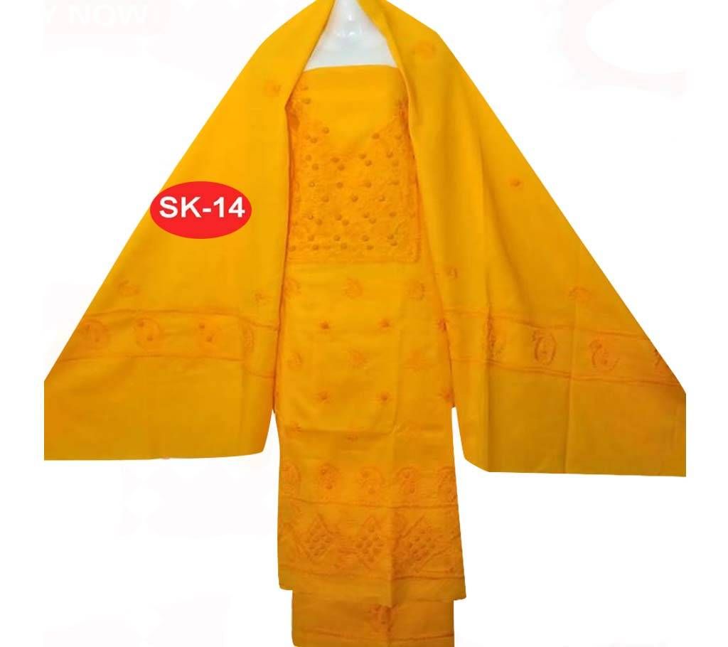 Unstitched Cotton Fabric Hand Embroidery Three Piece-Yellow