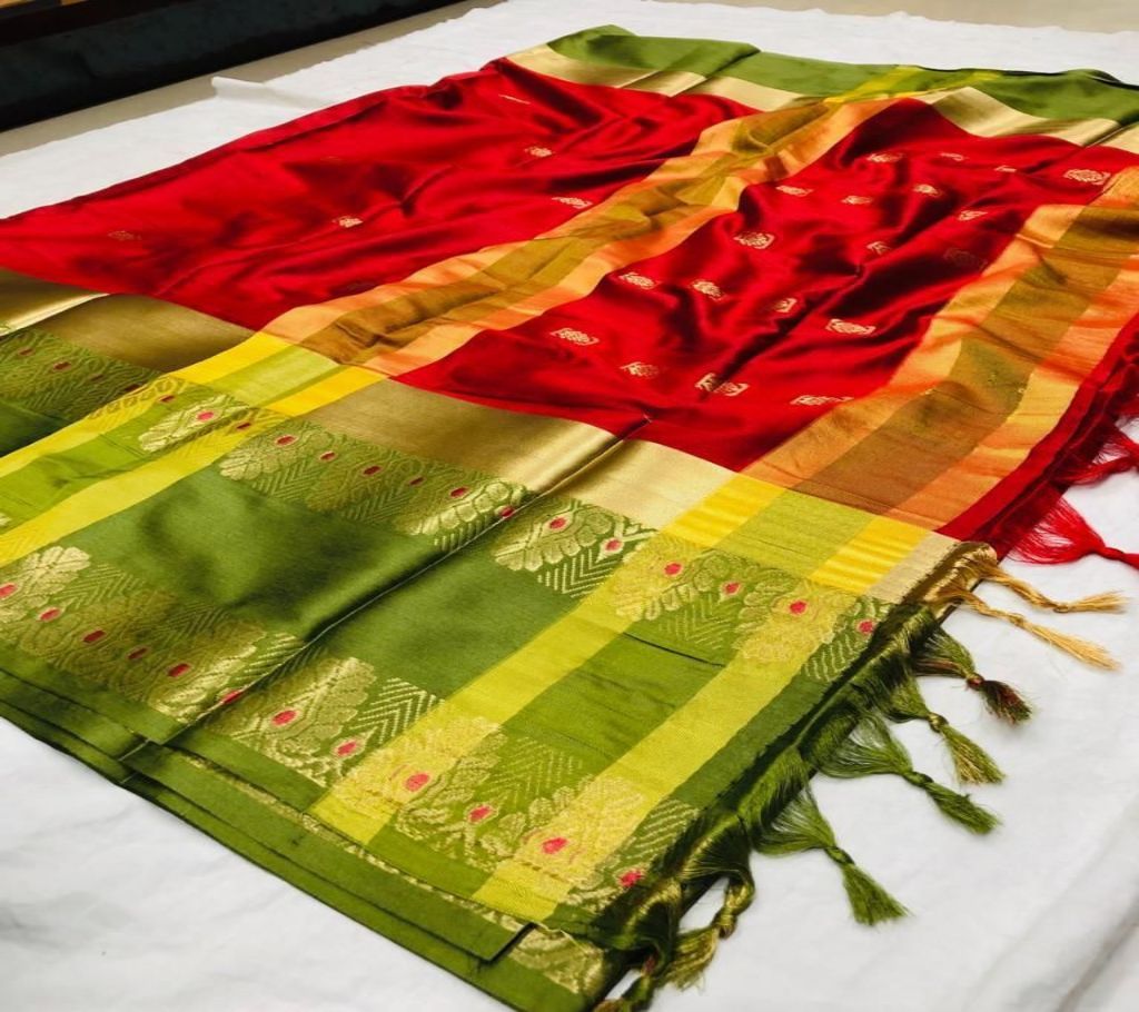 Cotton Silk Saree with Embroidery Design Color Red with YellowGreen Paar