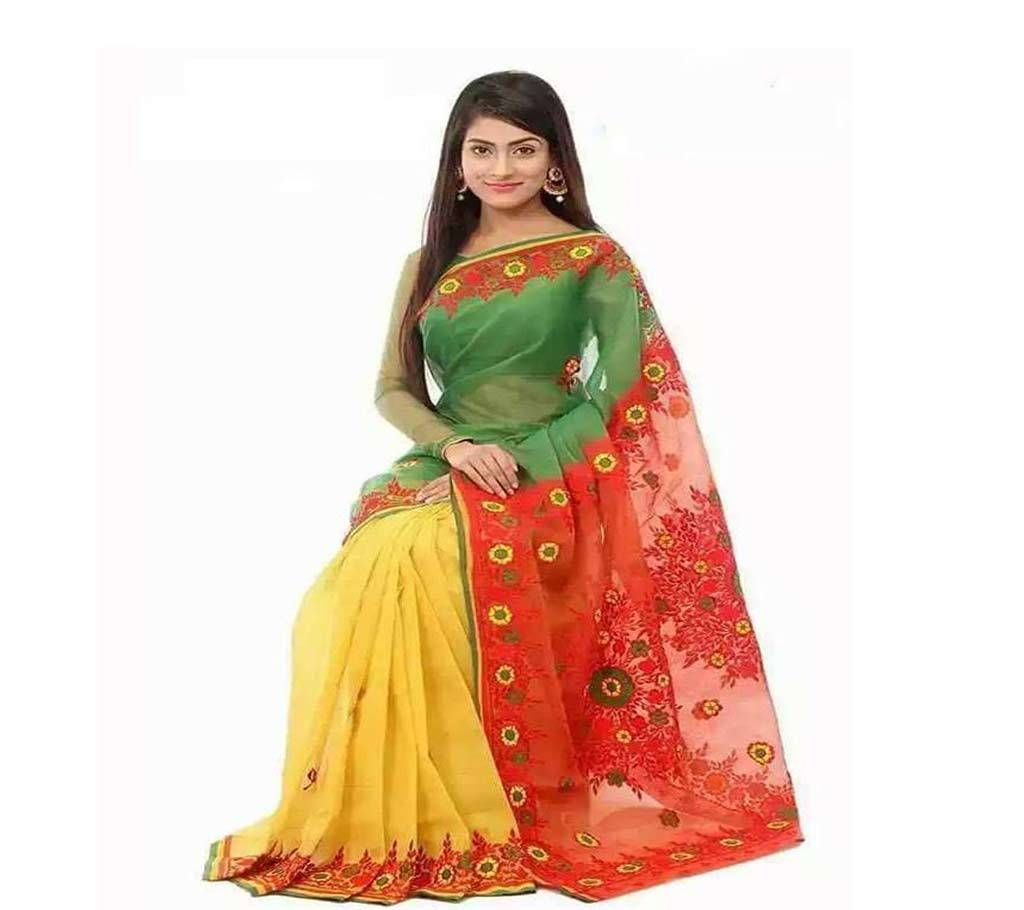 Block Taant Saree - Green, Yellow and Red Combination with Red par