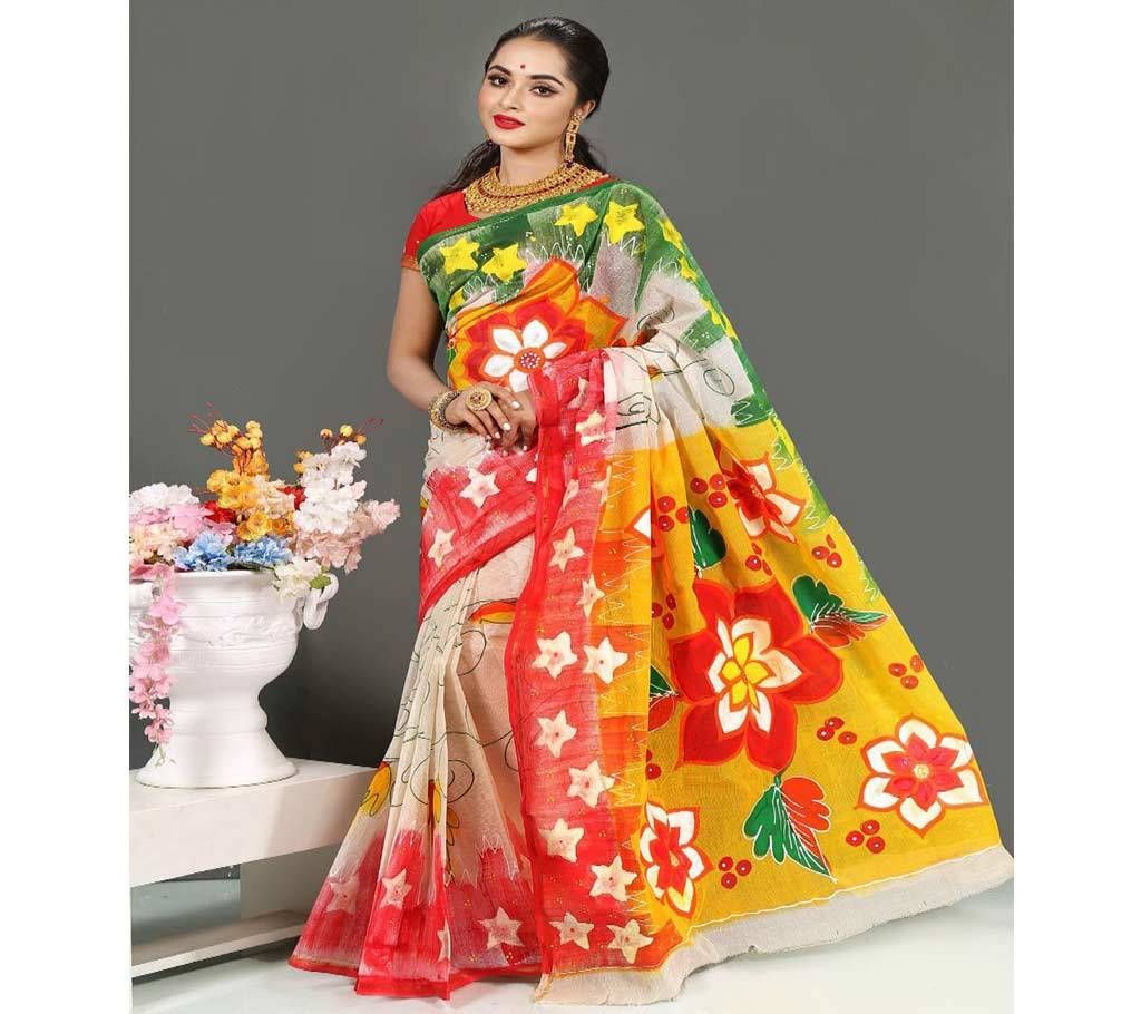 Pure Deshi Beautiful Sharee - 160 - Cream Off White Red Pink Paar with Golden Big Flower Design in Anchol (SU620)