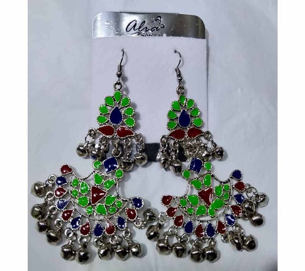 Jhumka Silver with Green Color Mirror Earrings 