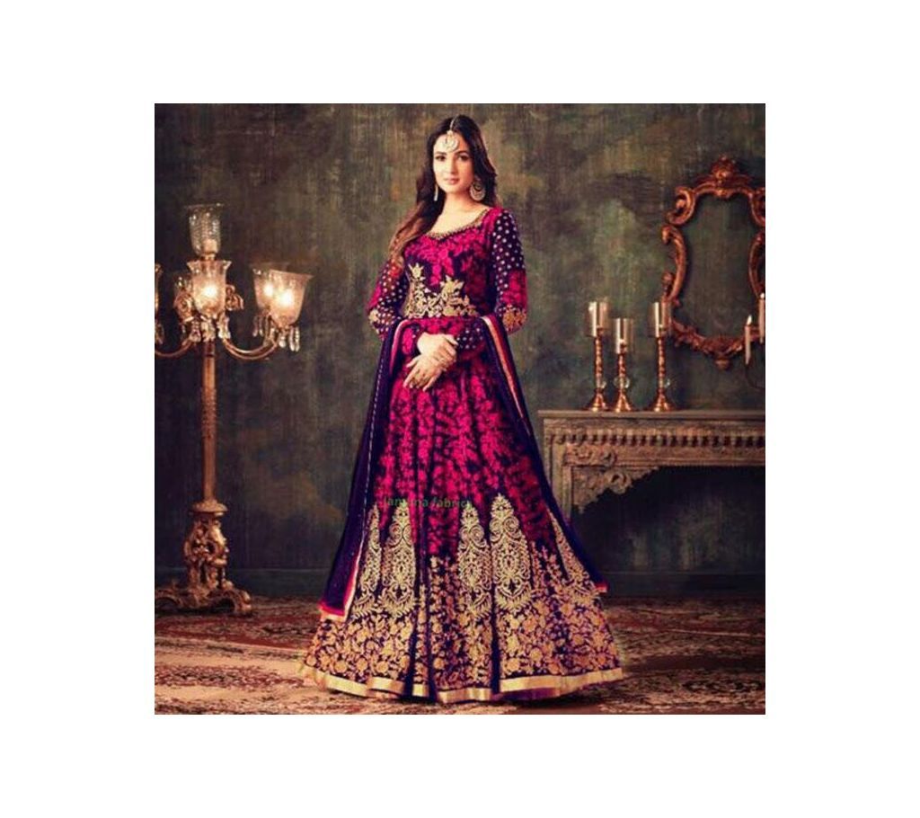 Unstitched Navy Blue and Golden Georgette Gown For Women