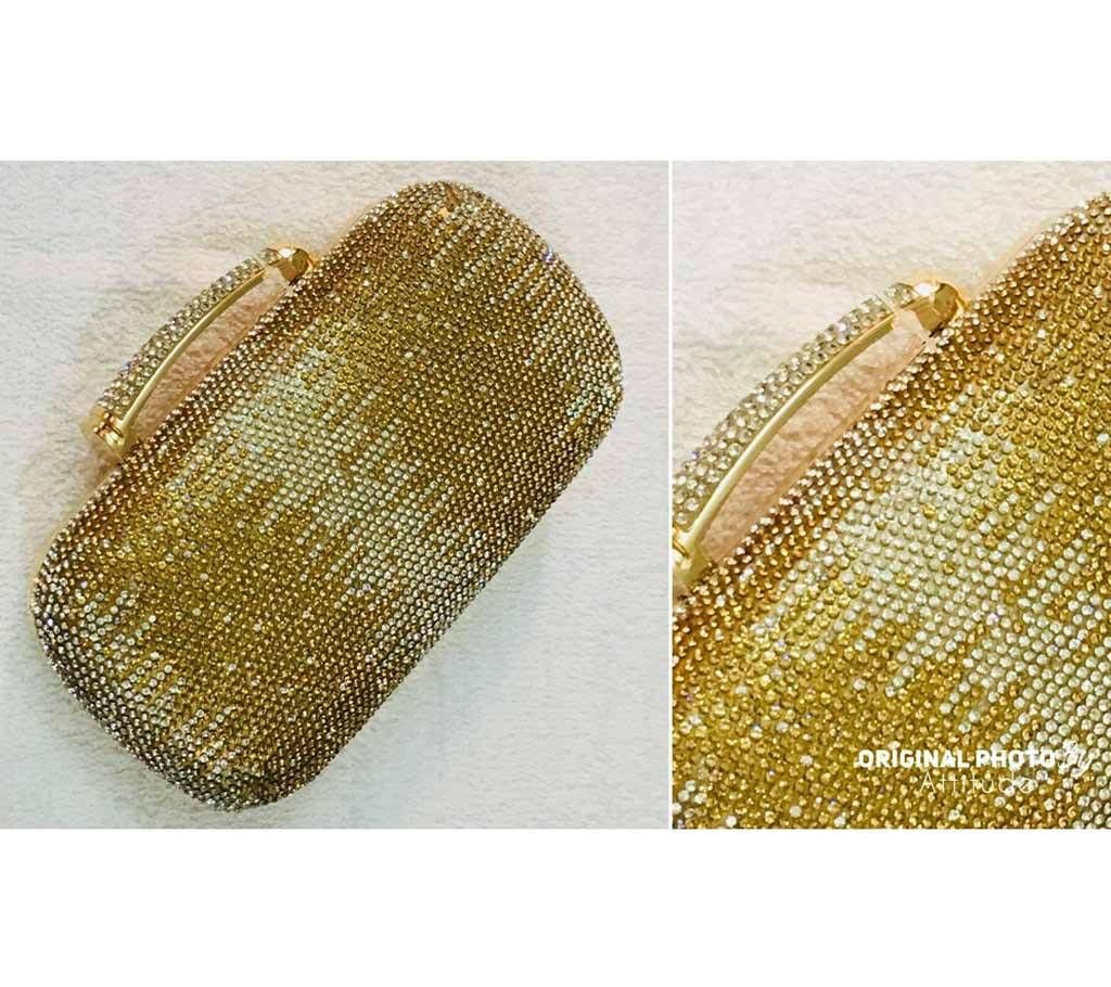 Golden W Stone Shining Stylish Clutch Bag For Women