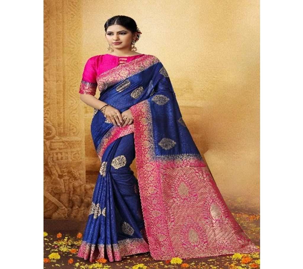 Blue,Pink and Golden Embroidery Work Katan Saree For Women
