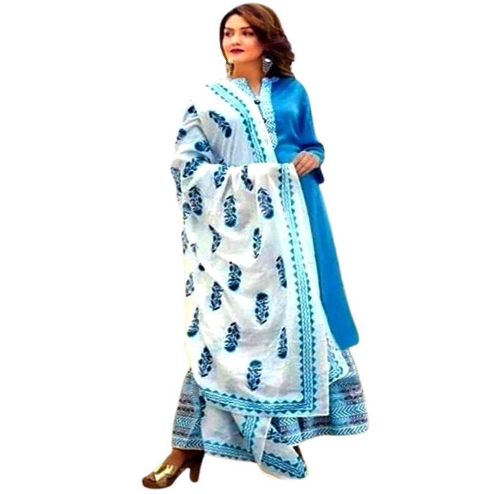 Block Printed 3 pieces Salwar Kameez for Women- Sky Blue