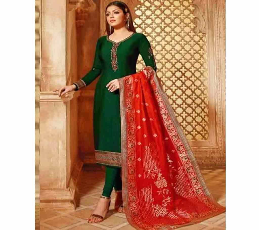Deep Green, Red Scarf(Orna) New Indian Georgette Three piece
