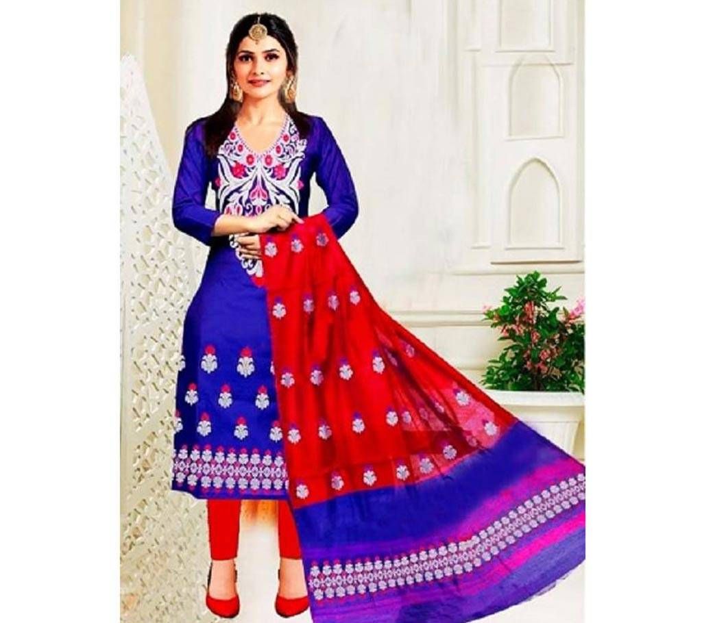 Unstitched Regular Block Print Design Cotton 3Pcs-Red And Blue
