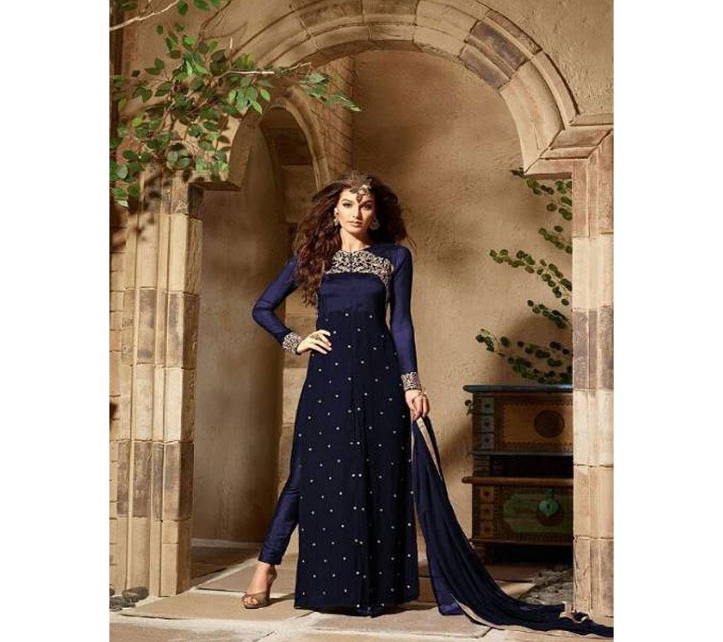 navy blue georgette and banglori silk straight sui