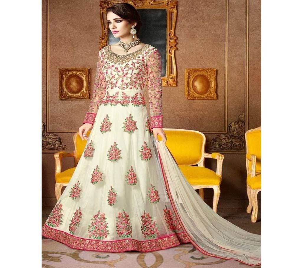 White and Red Georgette Embroidered Gown for Women