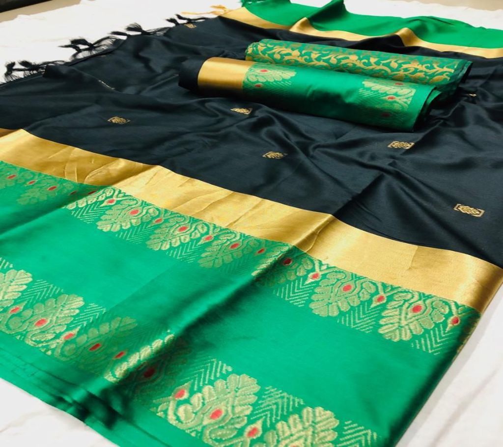 Cotton Silk Saree with Embroidery Design Color Black with Paste Golden Paar