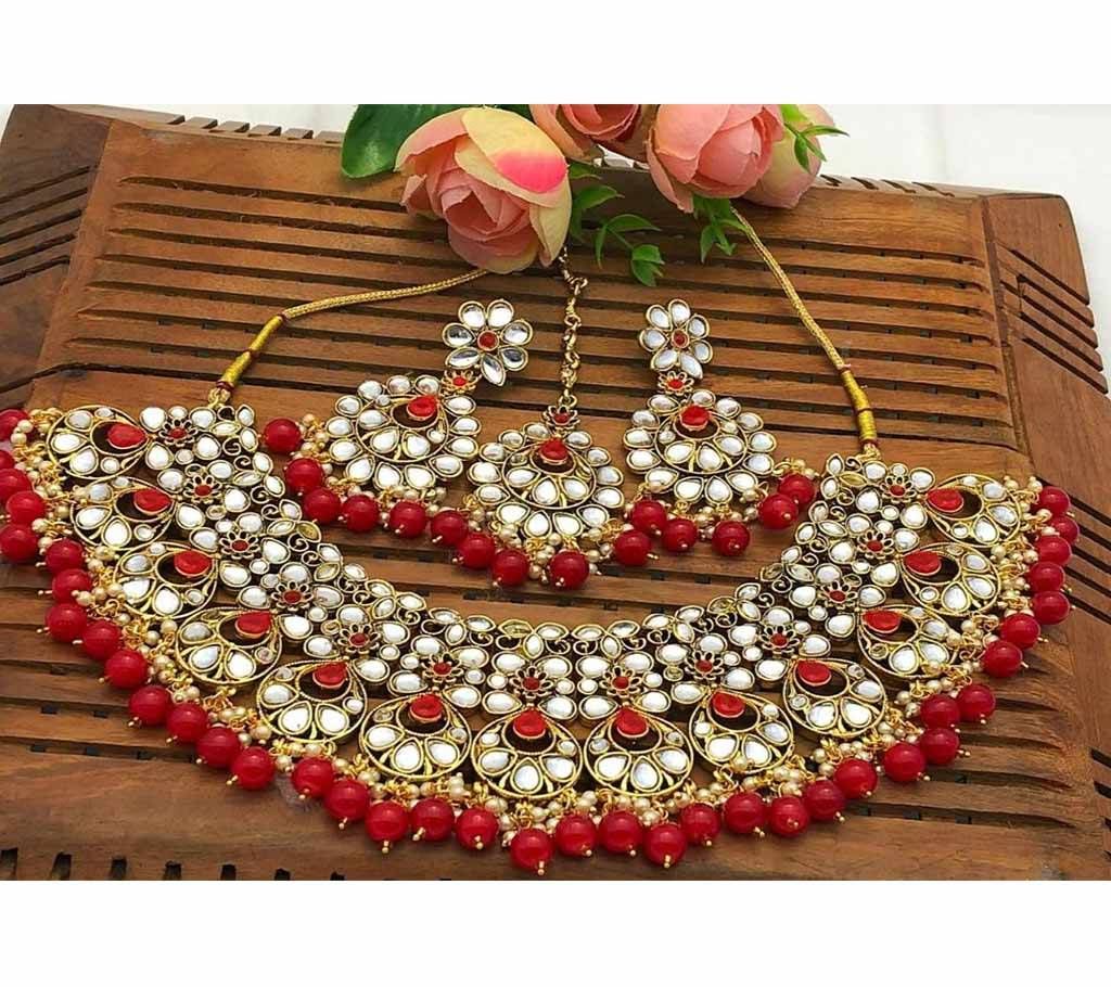 Dabbi Kundan Choker Set 06 Yellow Silver with Dark Red Muktas