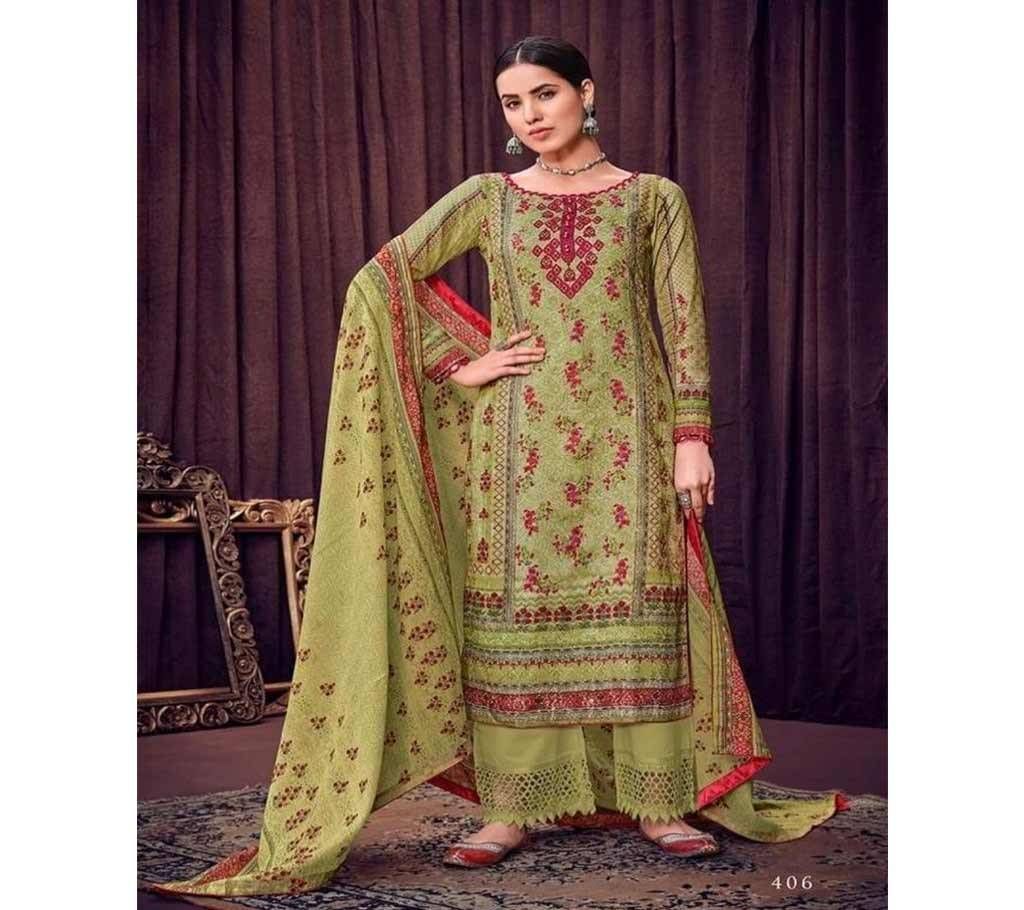 Unstitched Green Indian Bunaai Digital Print 3pcs With Heavy Aari Work Selwar Kamez - Copy