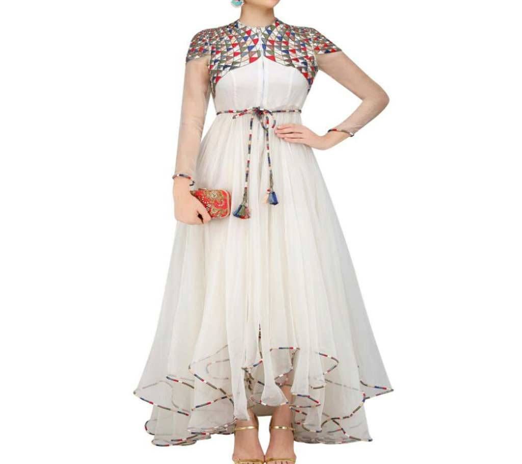 White geometric pattern embroidered high low trail cut dress superb indian traditional dress for women