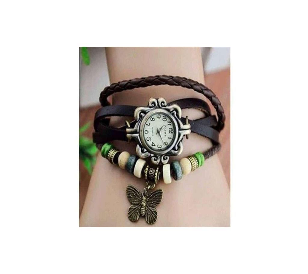 Vintage Manual Knitted Lady Leather Bracelet And Leaf Pendant Watch  Chocolate  SKA