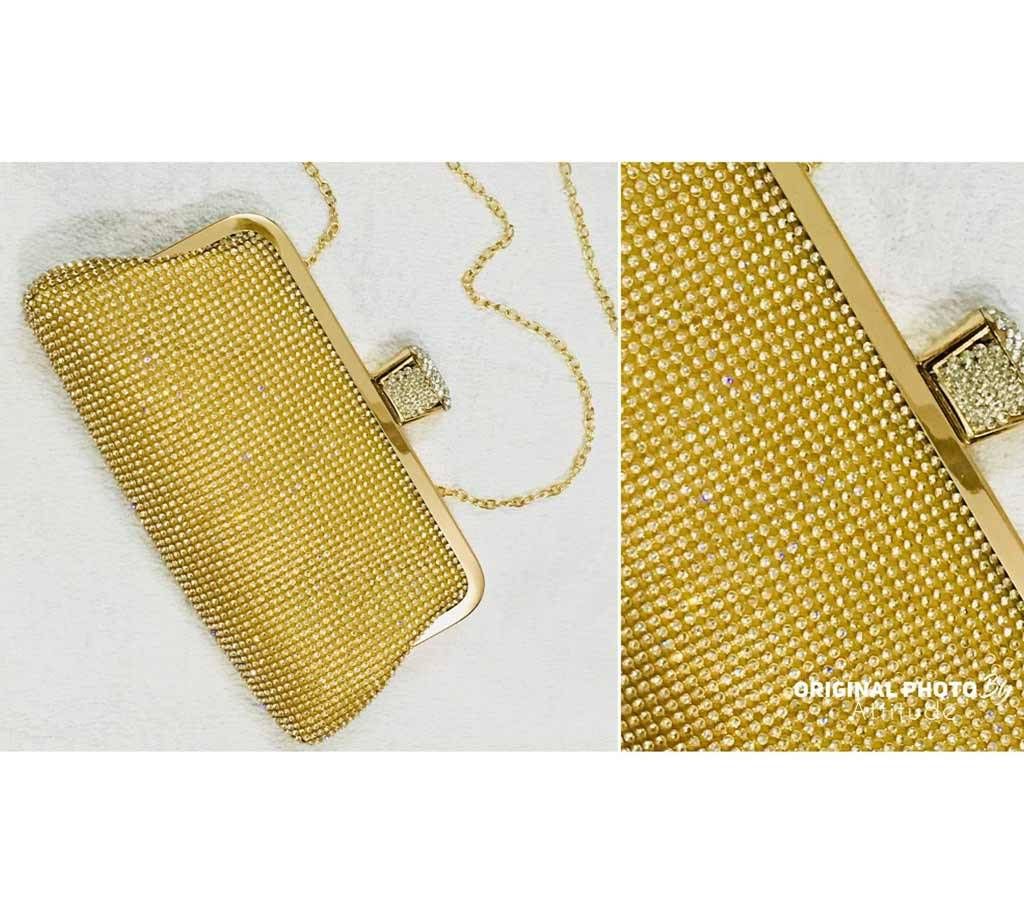 F Stone Gold Stone Shining Stylish Clutch Bag For Women