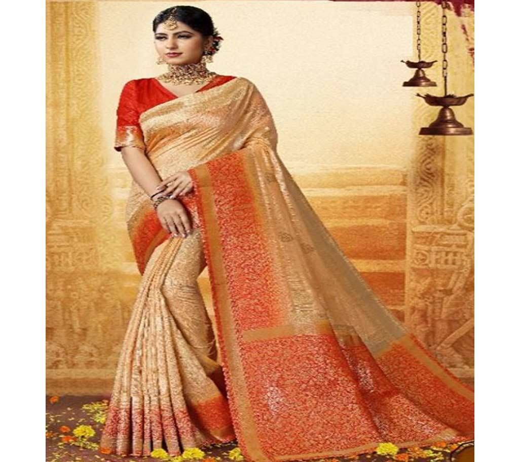 Cream,Orange and Golden Embroidery Work Katan Saree For Women