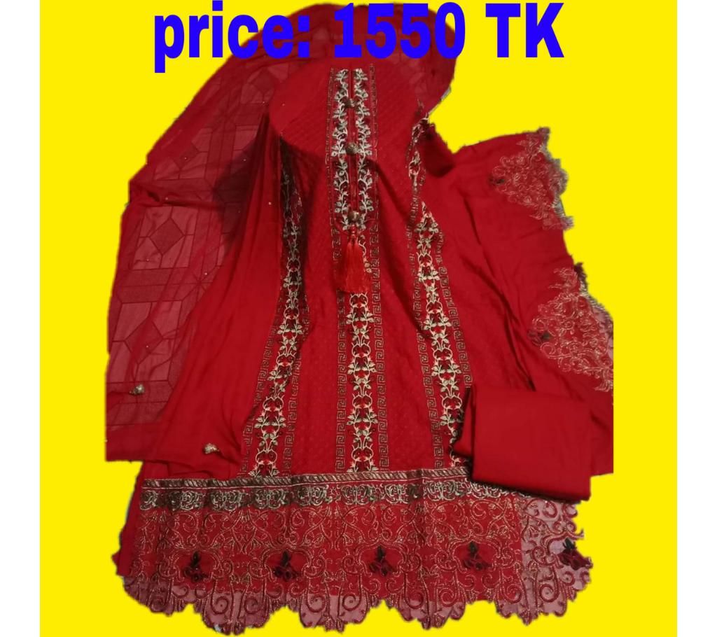 unstich 3pis high quality soft glazy cotton embordary work, orna pure shiffon, pant cotton