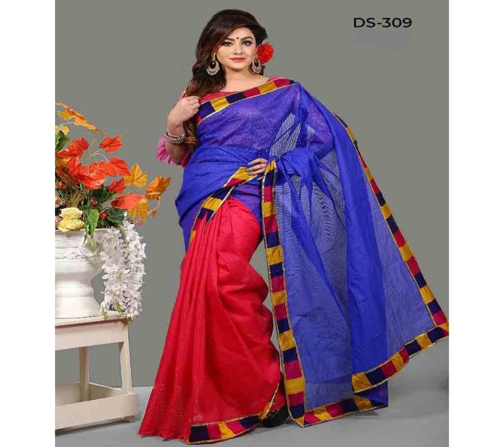 Kota Silk Saree With Blouse Piece-Red Blue