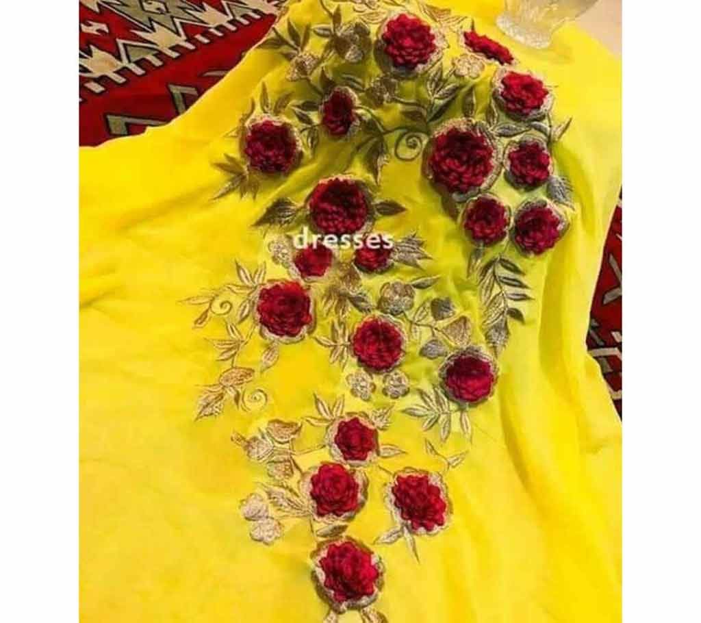 Semi Stitched Indian Weightless Georgette - Embroidery Three Piece - yellow-30