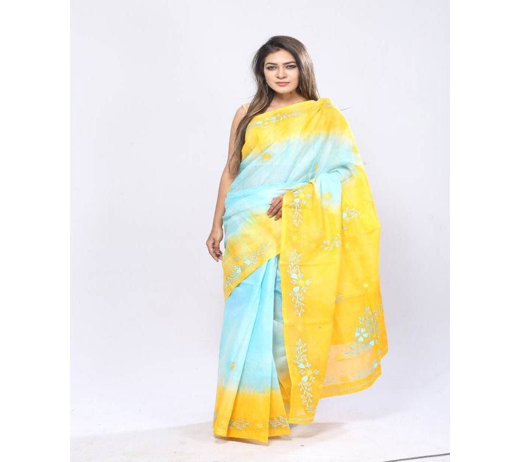 Hand Embroidery Saree - Yellow Sky blue shade