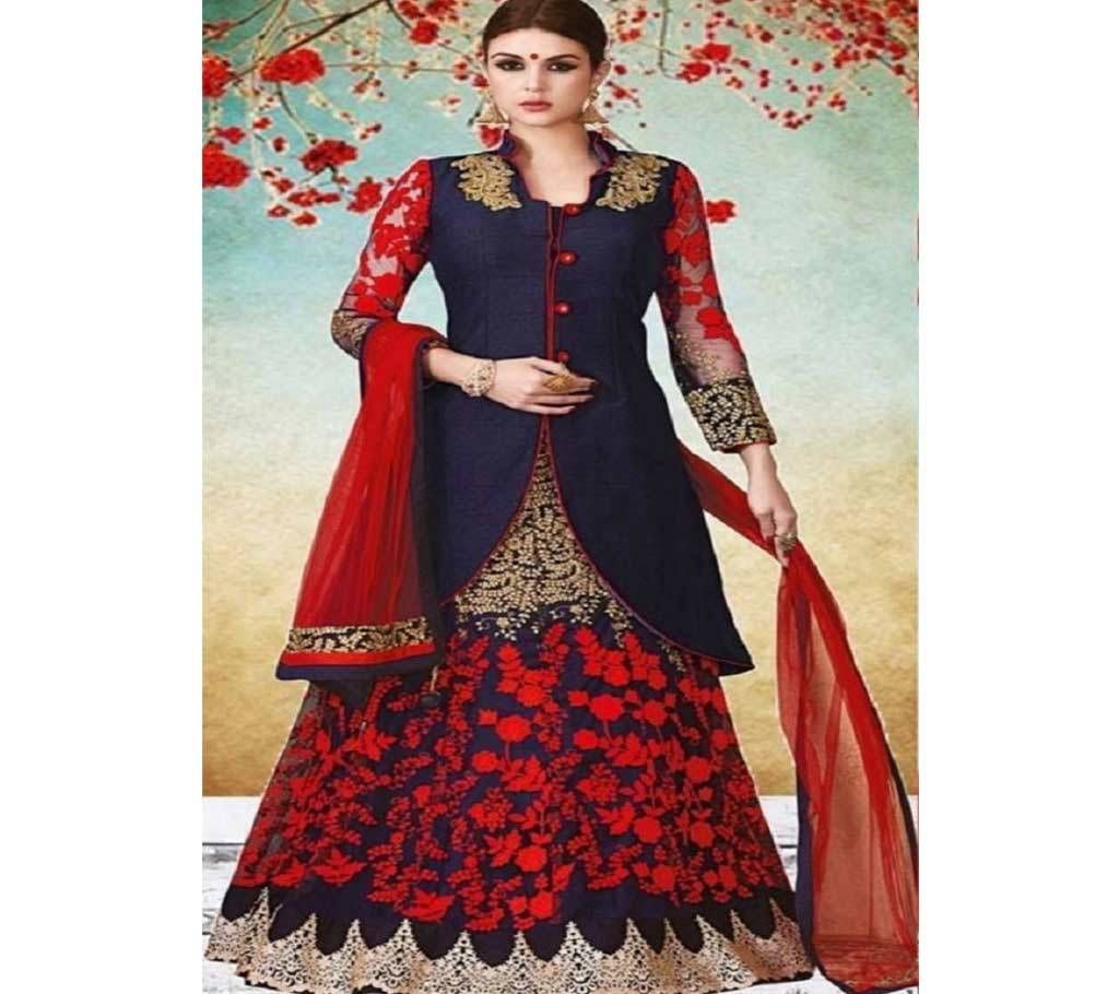 Navy Blue and Red Georgette Embroidered Unstitched Gown for Women
