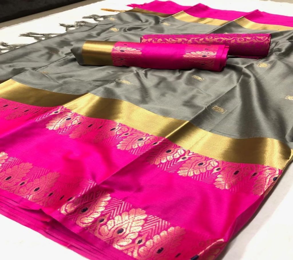 Cotton Silk Saree with Embroidery Design Color Gray with Pink Golden Paar