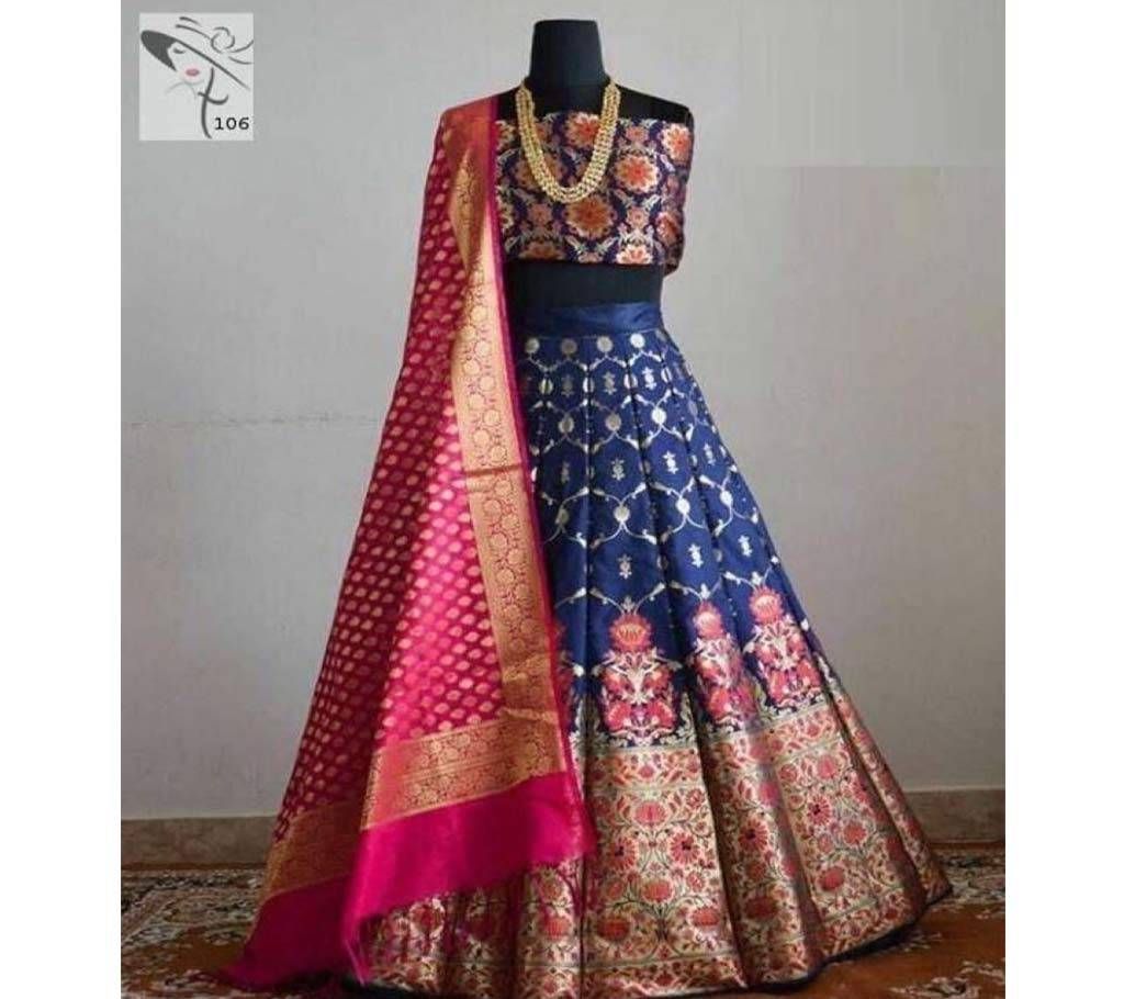 Semi Stitch Banarasi silk lehenga 106 Navy Blue Lehenga with Gold Multi Design Pink Gold design Dupatta-