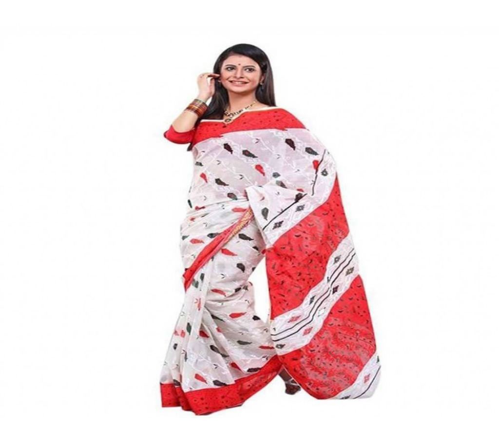 Screen Prints Red-White Cotton Sharee