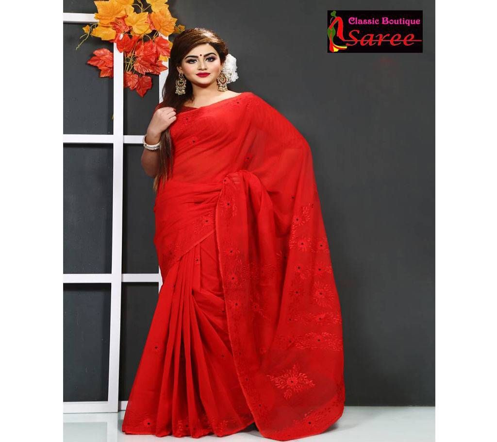 Pure Red Muslin silk with hand embroidery Cut work Applique saree
