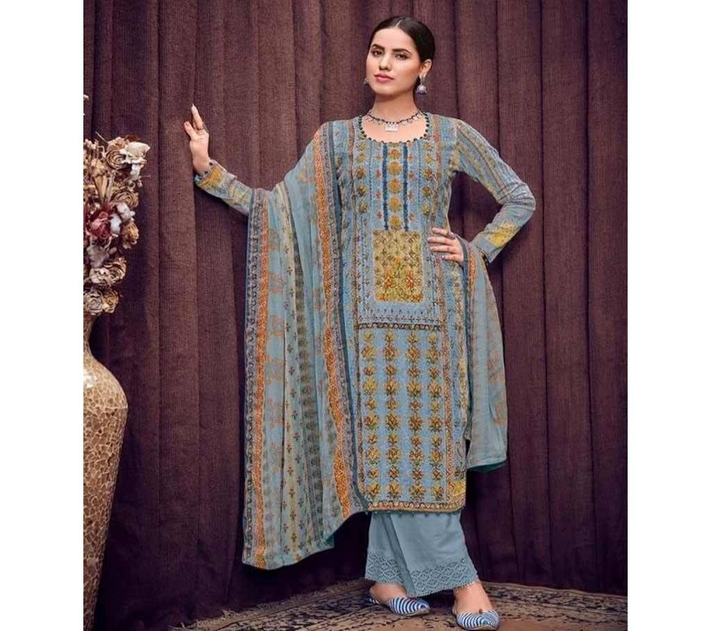 Unstitched Sky Blue Indian Bunaai Digital Print 3pcs With Heavy Aari Work Salwar Kamez - Copy