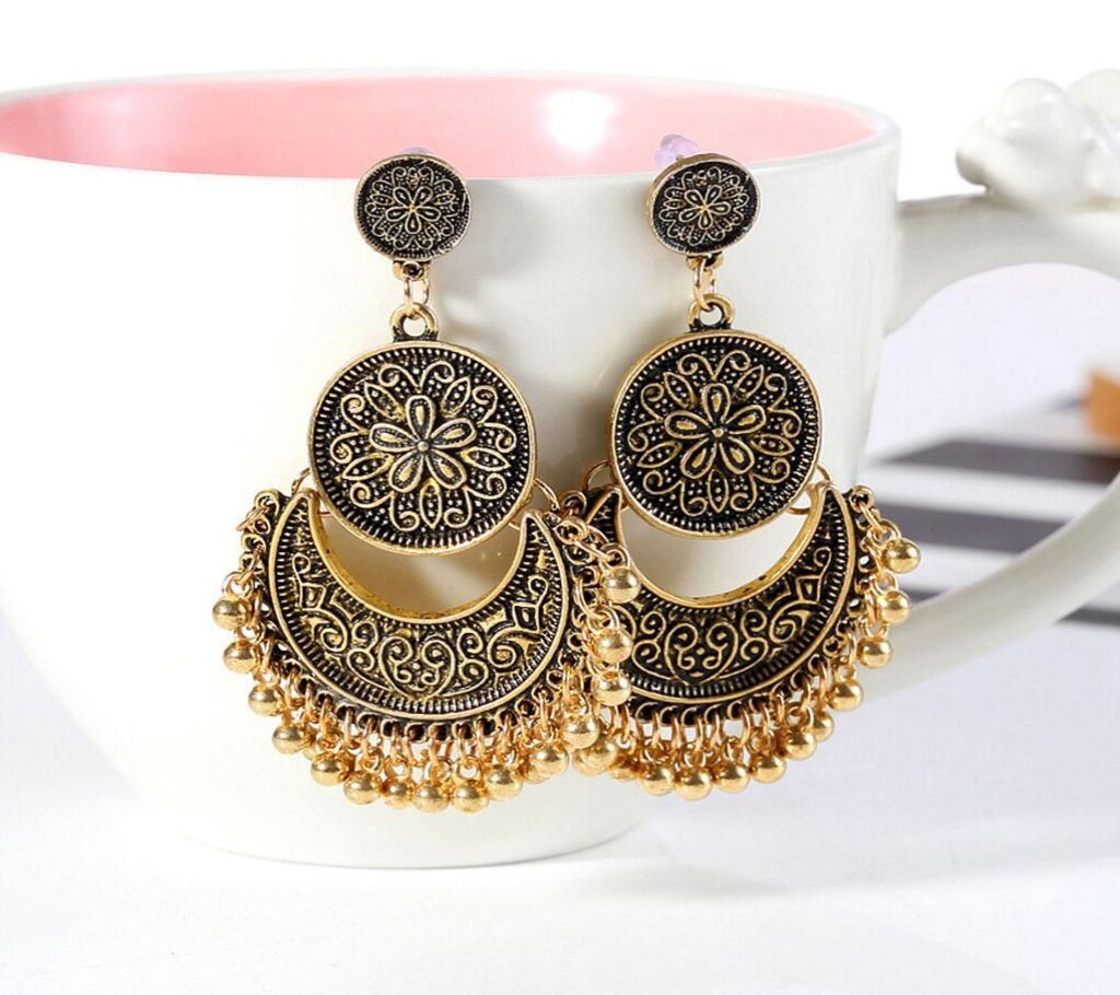 Vintage Tassels Stud Earrings Carved Flower Crescent Moon Golden