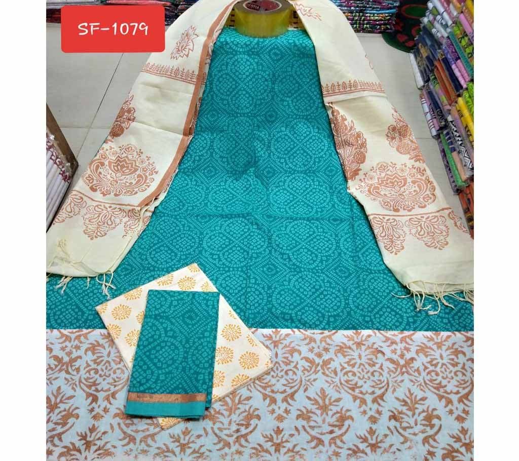 Block Printed Unstitched Cotton Three Piece - Rajdhani Voyel Cotton 