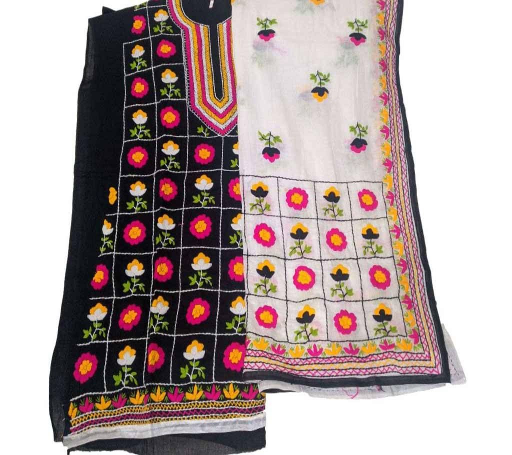 Unstitched Black Cotton Phulkari Flower Handset Dollar Work-2 piece