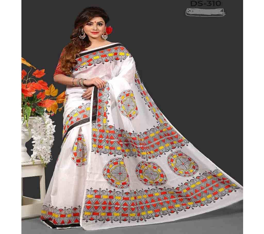 Silk Butics Saree With Blouse Piece -White And Red Design