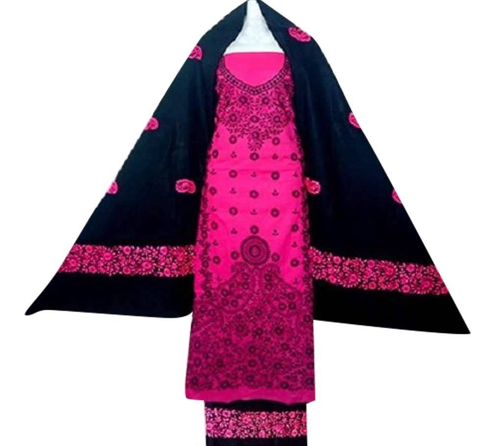 Unstitched Cotton Fabric Hand Work Three Piece-Pink