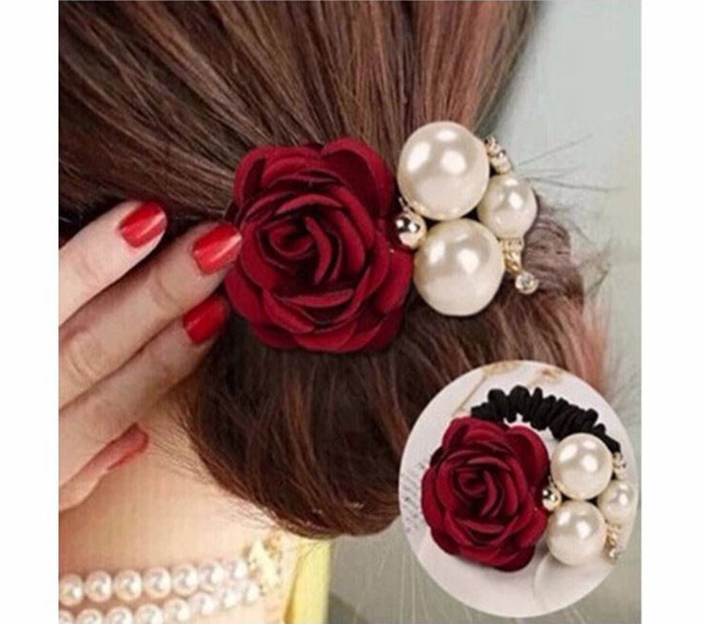 Elastic Rubber Pearls Rose Flower Hair Band Hair Holder