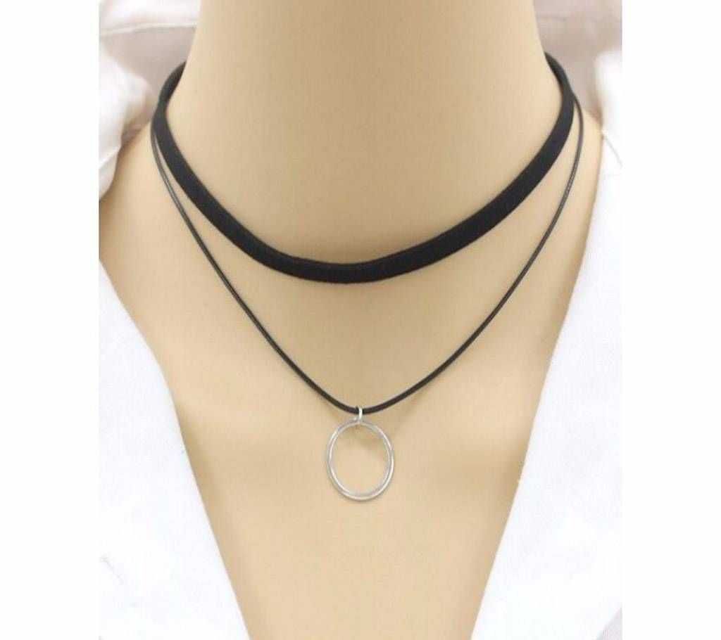 Adjustable Circle Silver Pendant Double Choker Necklace for Women