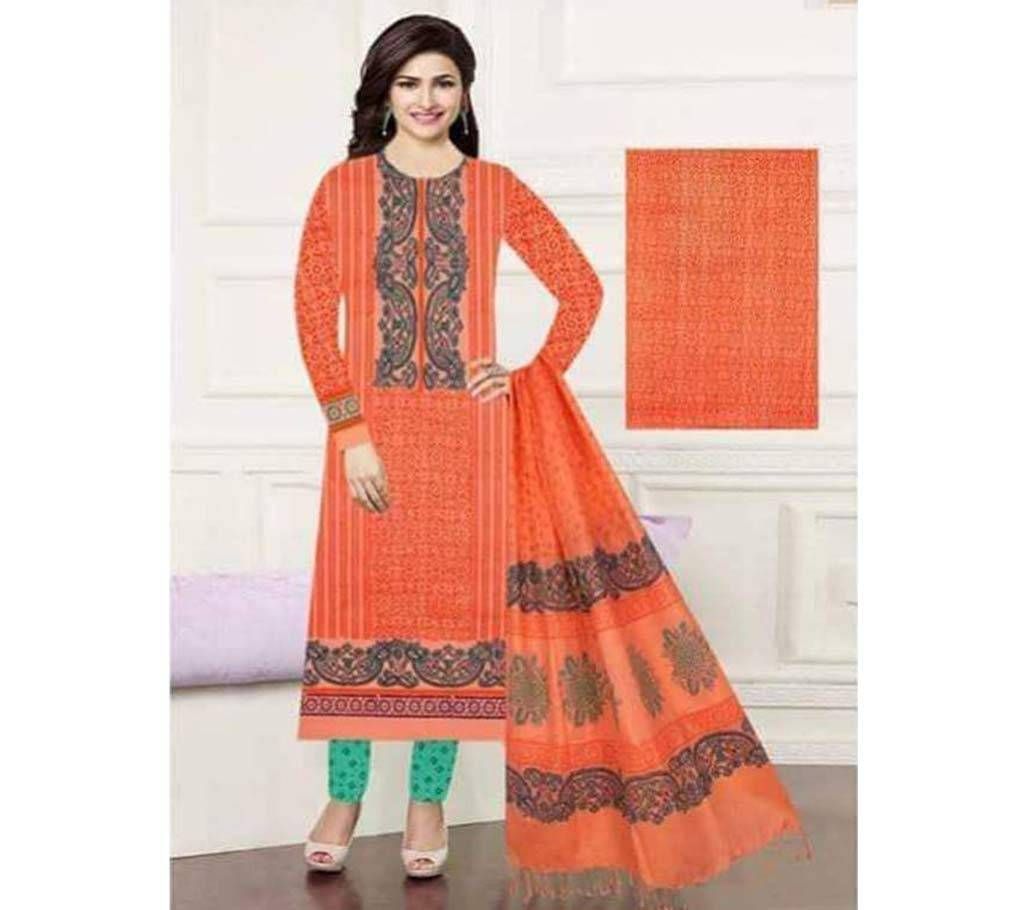 Unstitched Orange Cotton Block Printed Shalwar Kameez For Women