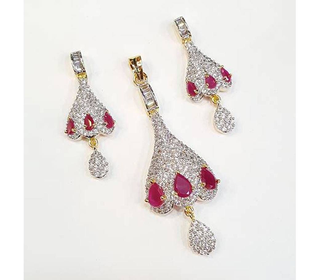 Diamond Cut Stone Setting Gold Plated Pendant Set