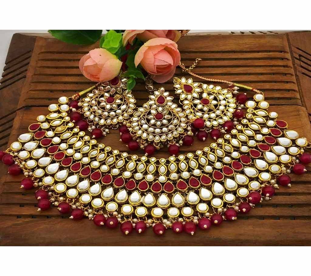 Dabbi Kundan Choker Set 08 Yellow Silver with Maroon Pink Muktas