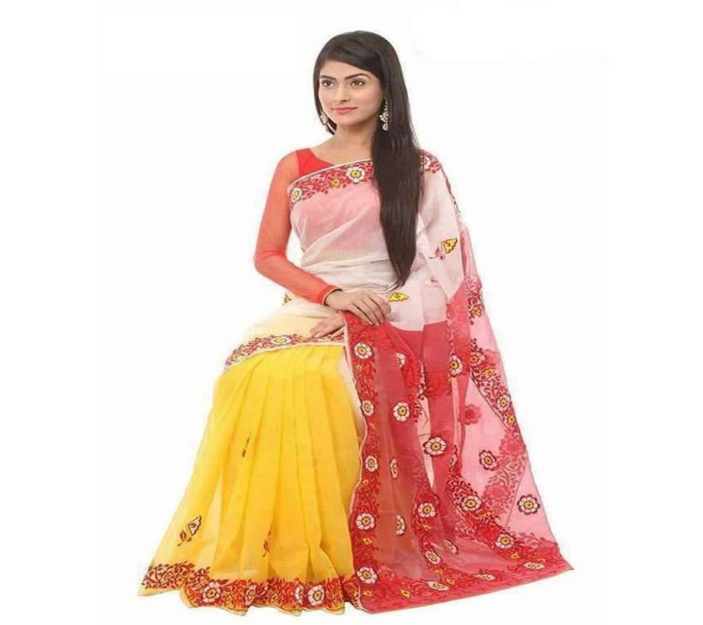 Block Tat Saree - White, Orange and Red Combination with Red par