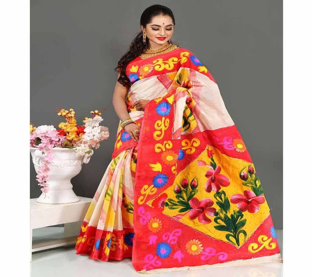 Pure Deshi Beautiful Sharee - 152 - Off White and Red Maroon Part with Golden Orange Part in Anchol (SU606)