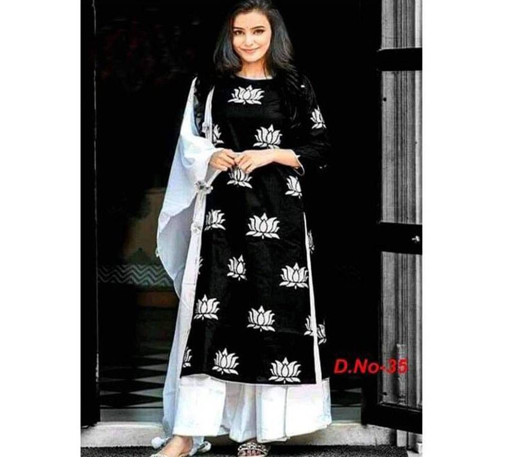 Black with White Flower Design Unstitched Block Print Cotton 3pc  D.No-35