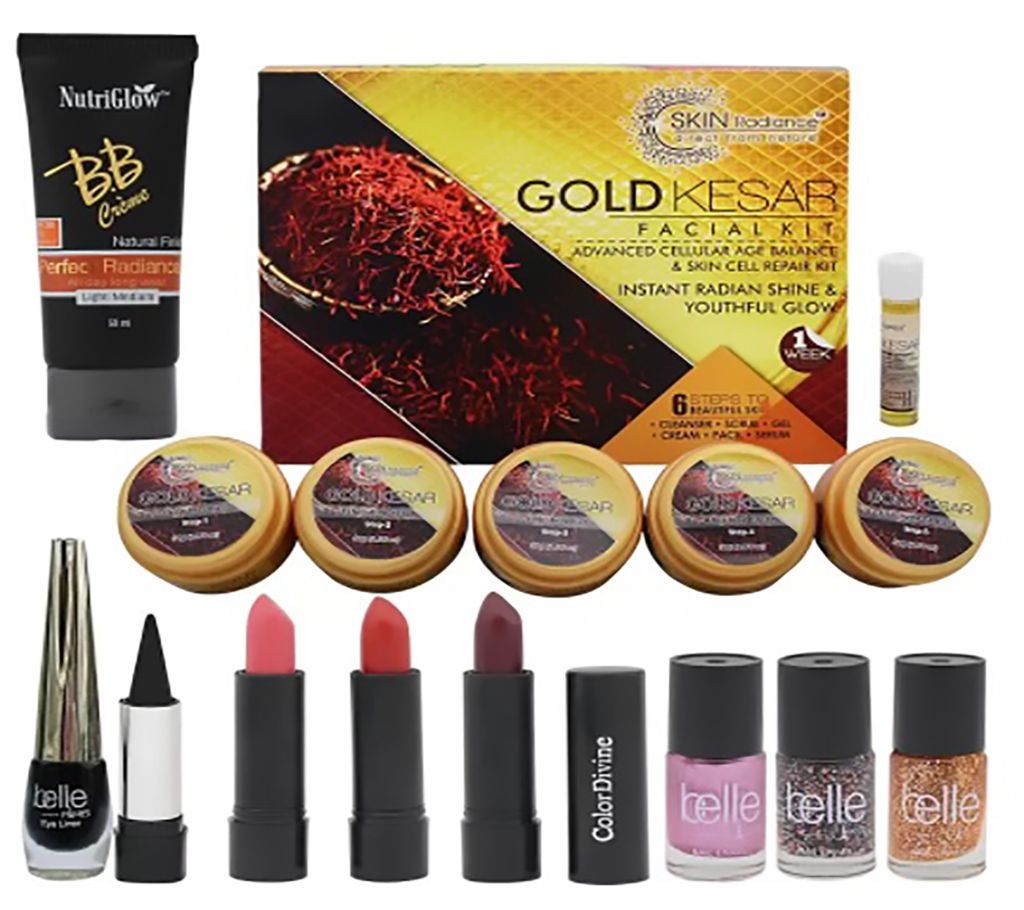 NutriGlow Skin Radiance gold kesar facial kit with 1 BB Cream,3 lipsticks,3 nail paints,1 kajal and 1eye linear