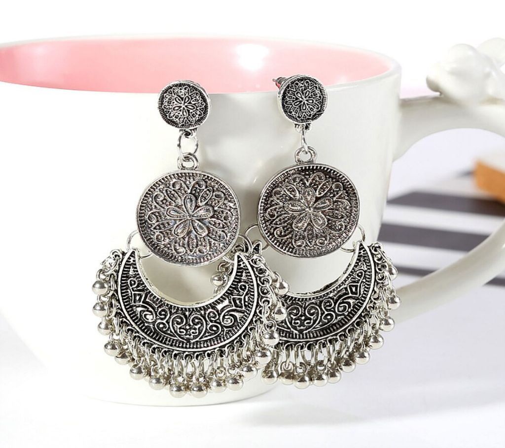 Vintage Tassels Stud Earrings Carved Flower Crescent Moon Silver
