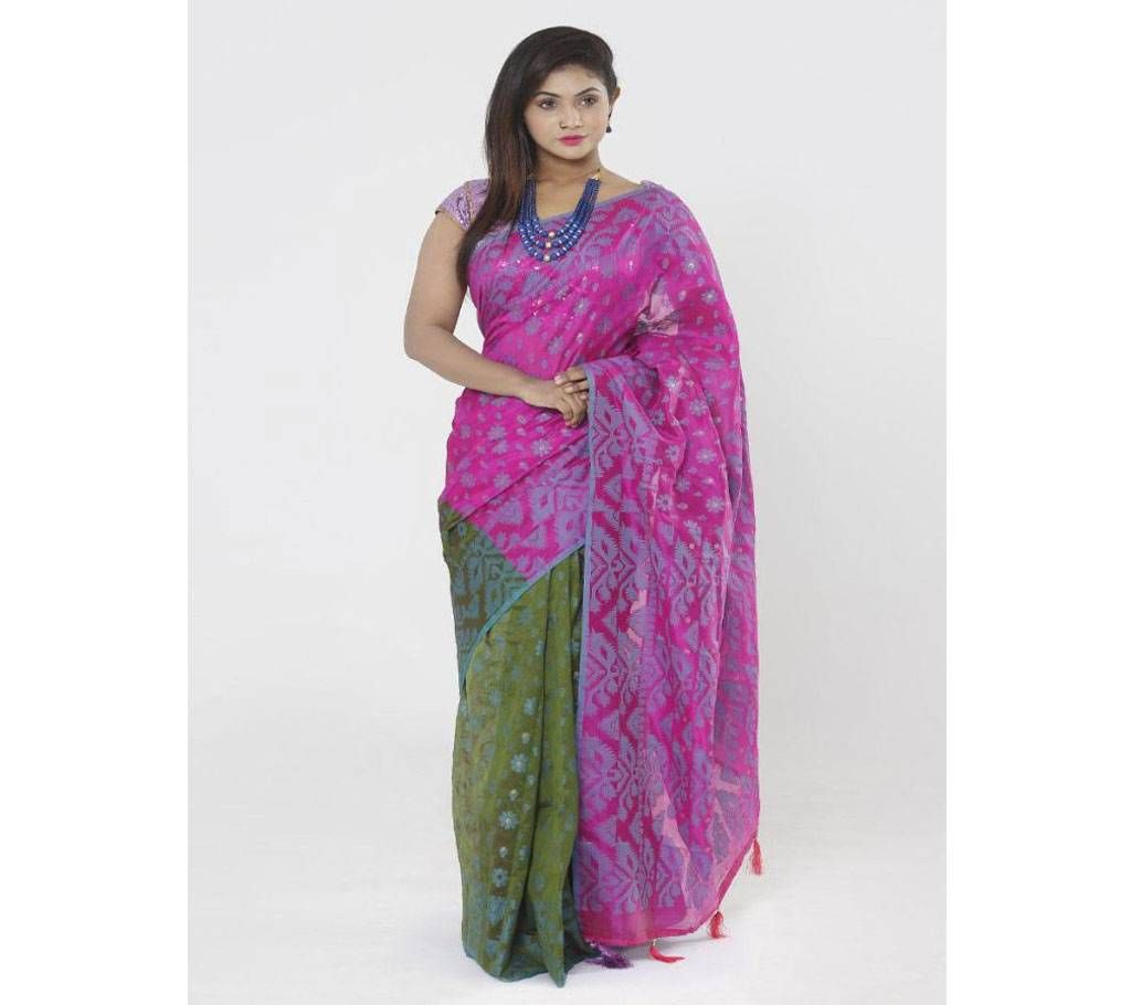Deep Megenta & Moss Colour Tangail Half Silk Jamdani Saree