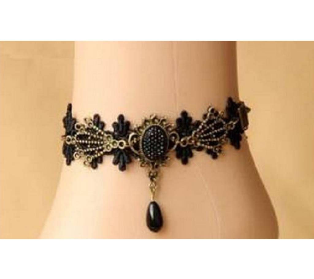 1 Pc- - Black Lace Gold Metal Bridal Gloves With Beads Vintage Foot Chain Ankle Bracelets Wedding Party Accessory